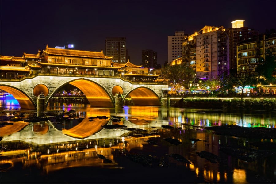 Anshun Bridge lit up at night in China