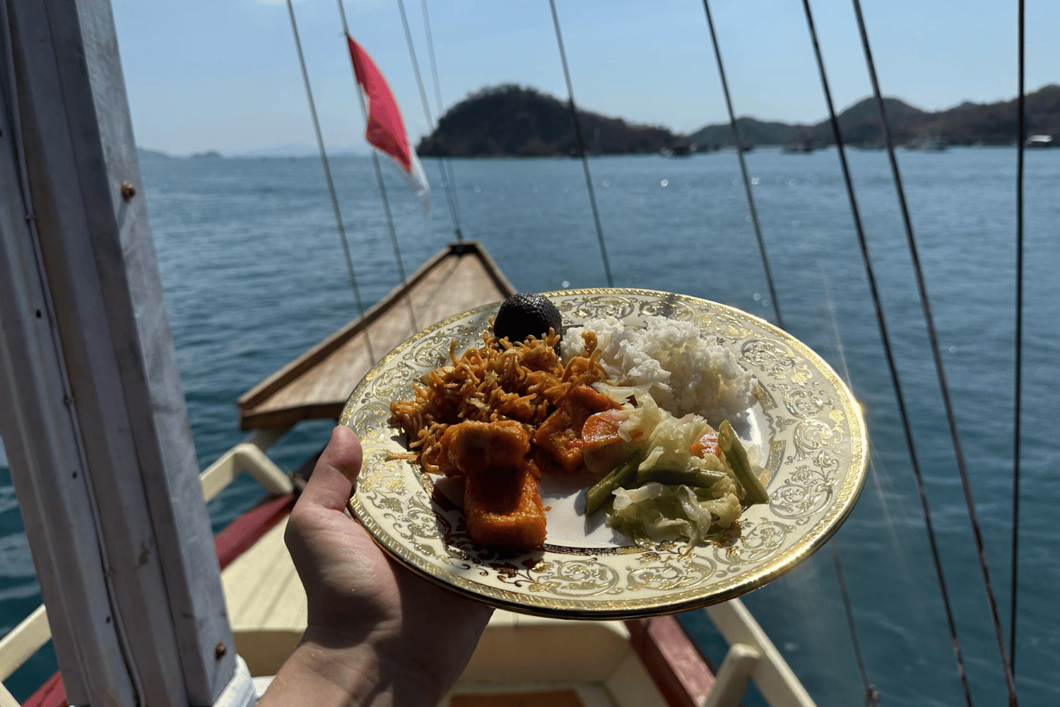 Hand holding a plate of rice, noodles, fried fish and vegetables on a boat deck in Indonesia