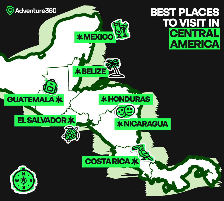 Fun graphic map of Central America highlighting Mexico, Belize, Guatemala, Honduras, Nicaragua, El Salvador & Costa Rica.