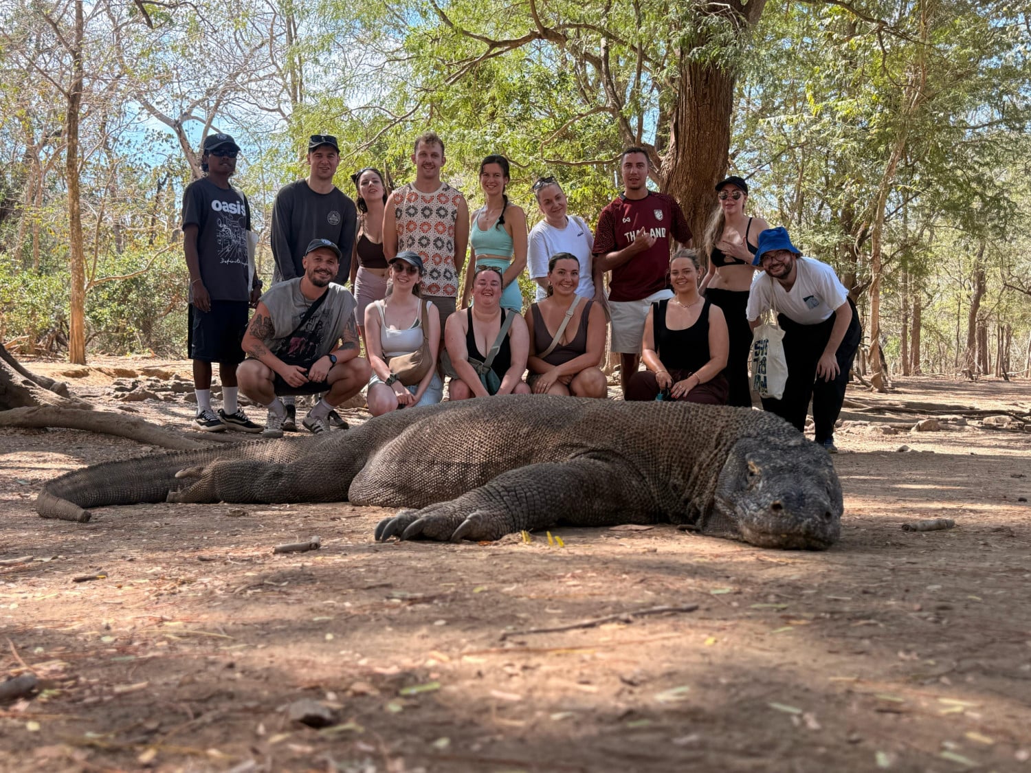 Group of people posing beside a large Komodo dragon lying on dry ground in woodland